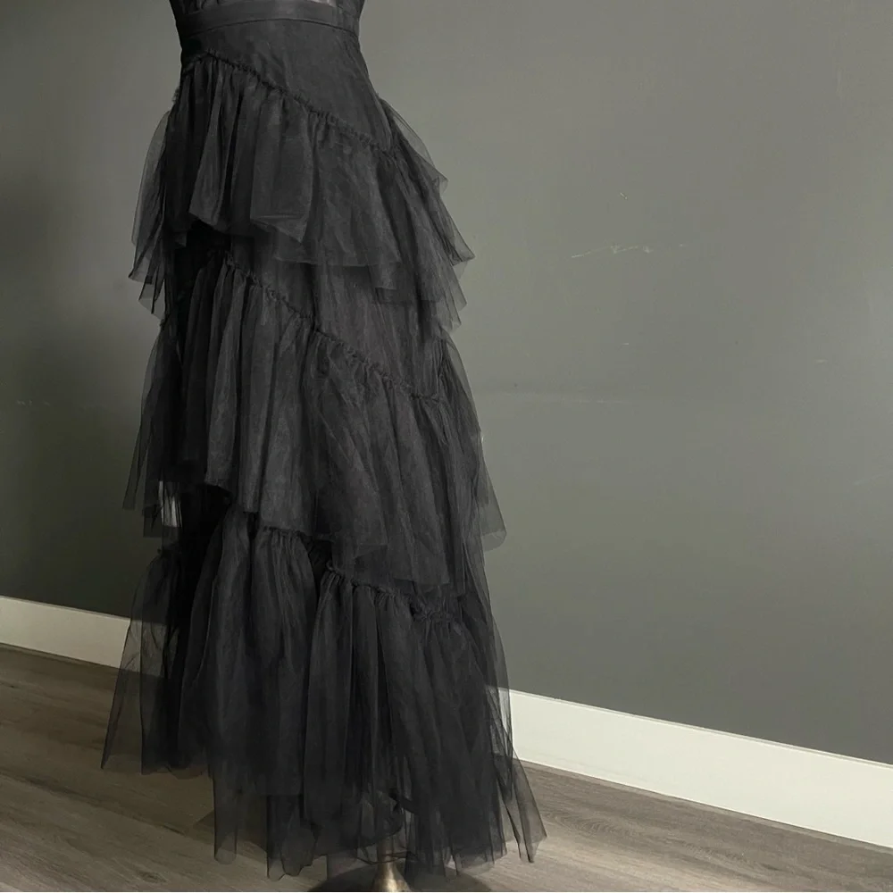 BCBGMaxAzria Black Tiered Tulle Maxi Dress – Sheer Mesh Bodice, Evening Gown - Picture 3 of 8